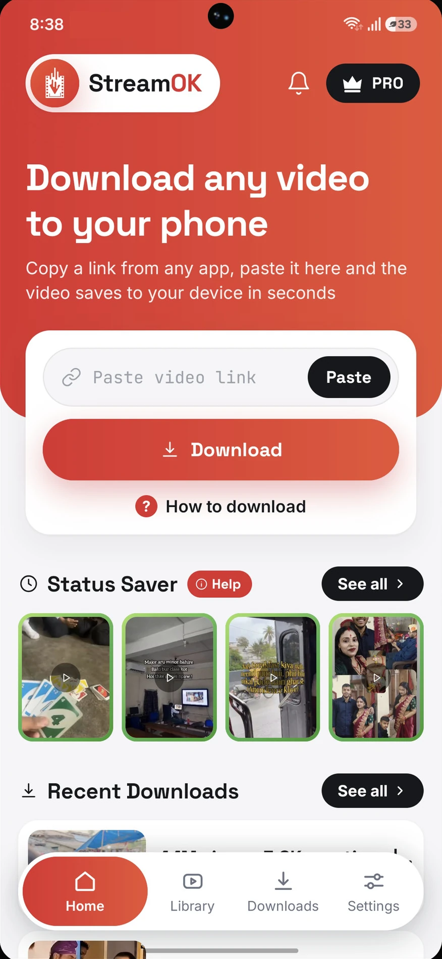 The StreamOK home screen with an empty paste field