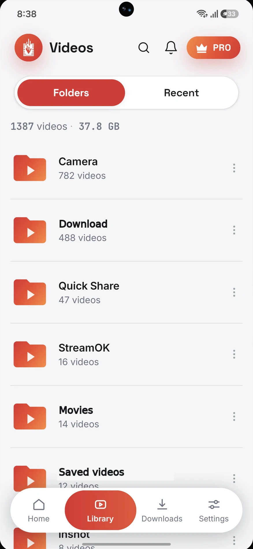 Every video folder on the phone, listed in StreamOK ready to play