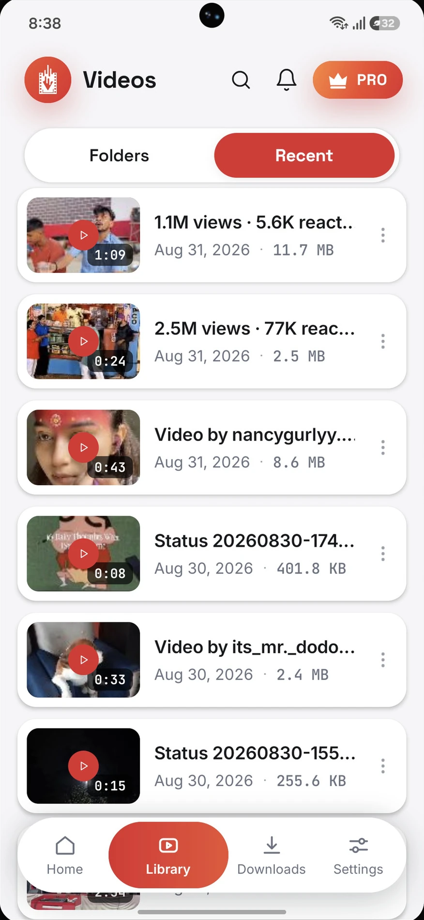 Recently saved videos listed in the StreamOK library with their dates and sizes