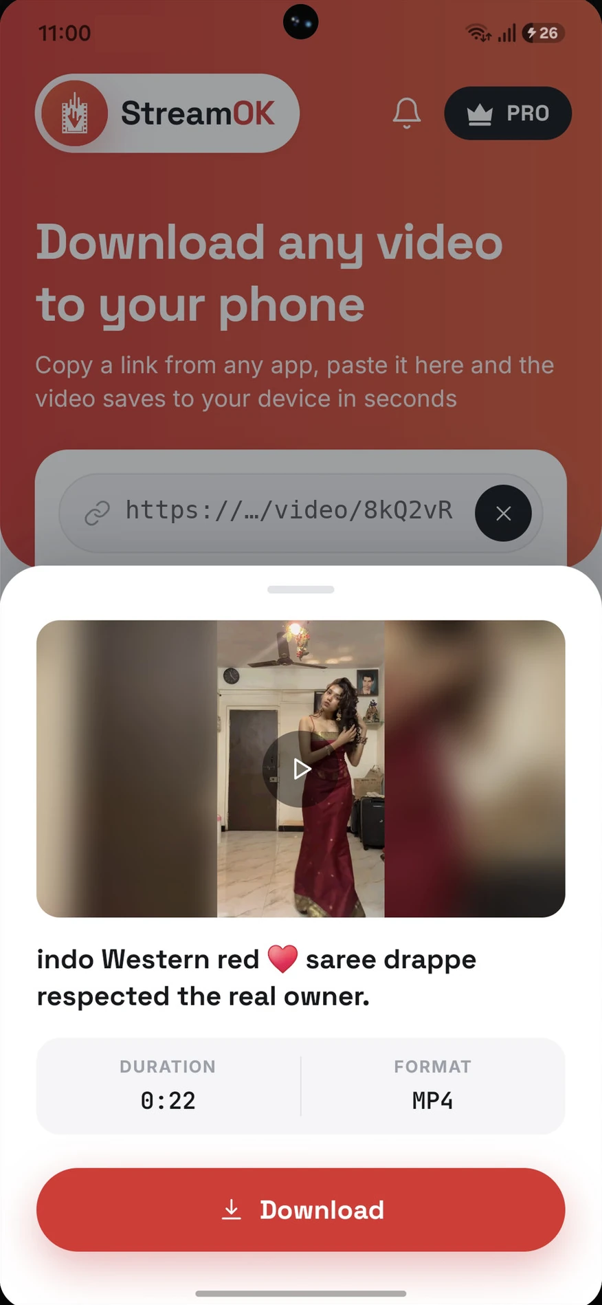 StreamOK showing a preview of the pasted video with its length and format before saving