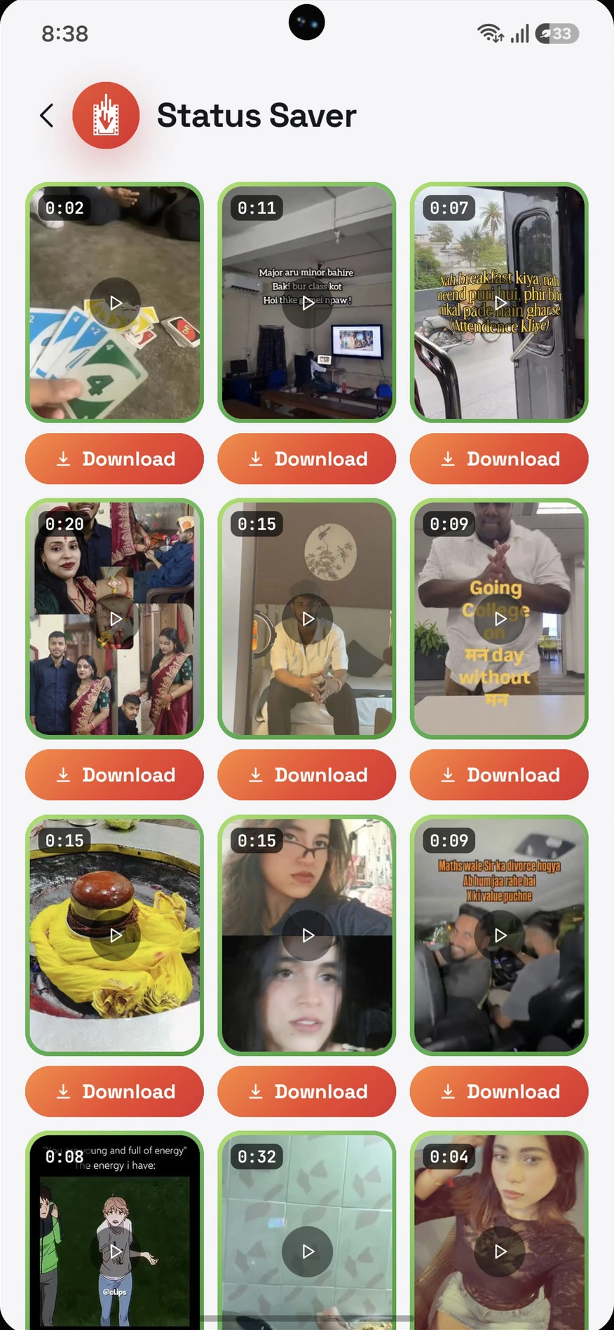 The status grid in StreamOK, with a Download button under each one